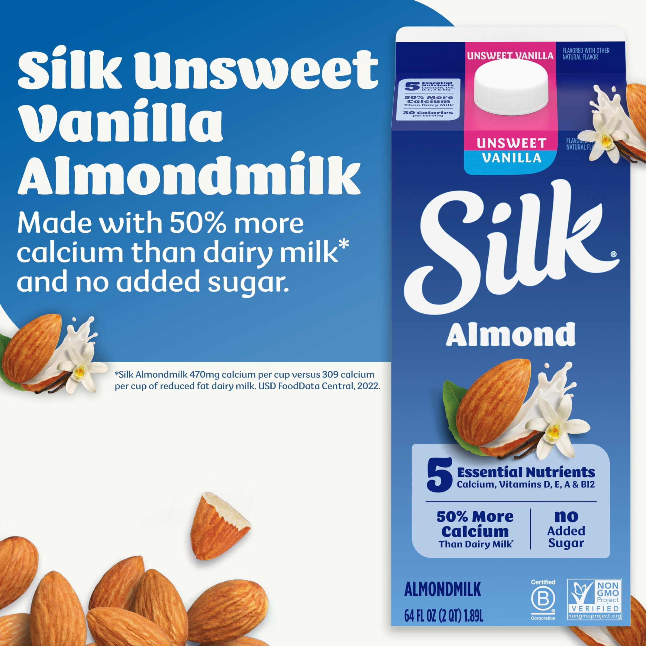 Silk Dairy Free, Gluten Free Unsweet Vanilla Almond Milk, Plant Based Milk Half Gallon, 64 fl oz