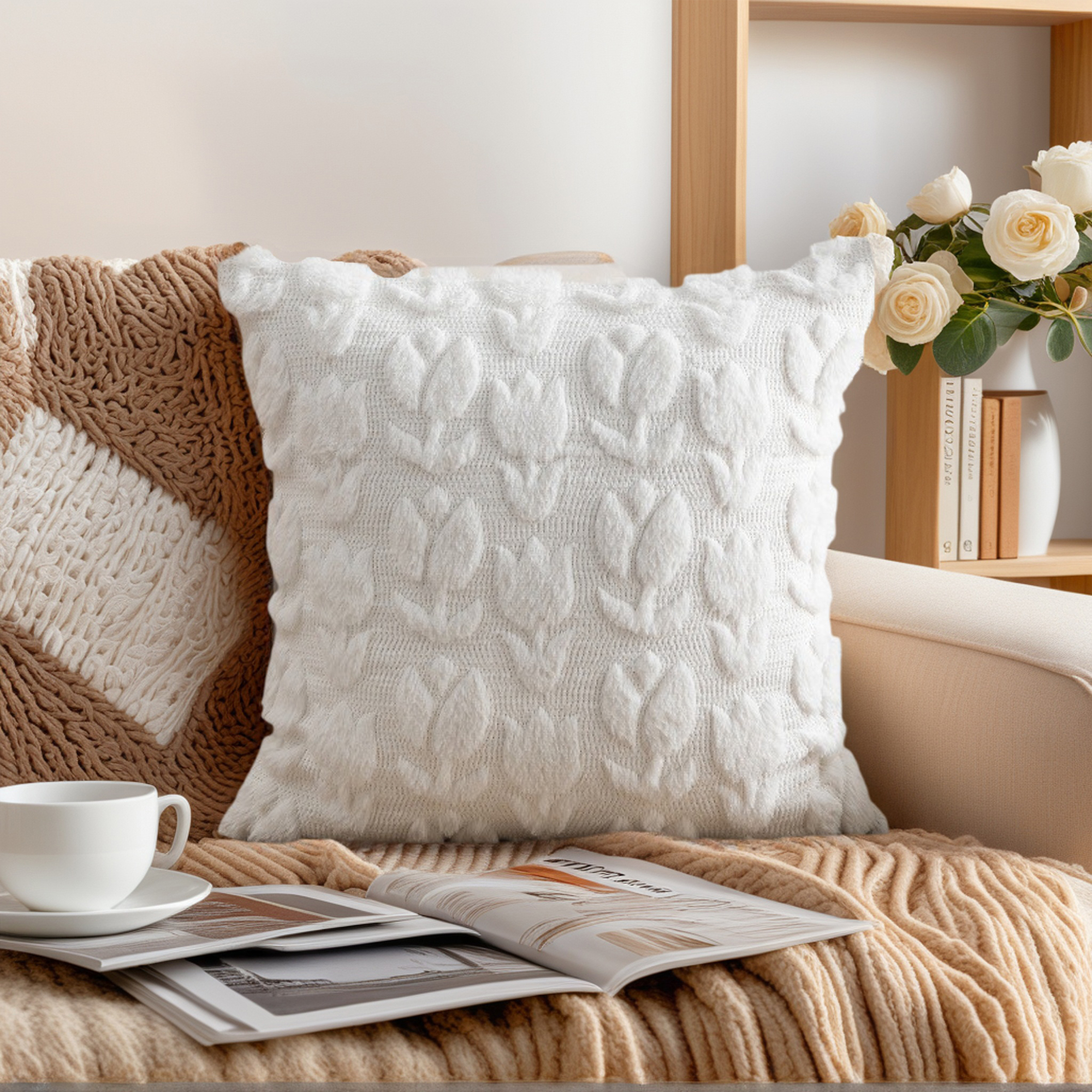 Unique Bargains Throw Pillow Covers Soft Flower Pattern White 18" x 18"
