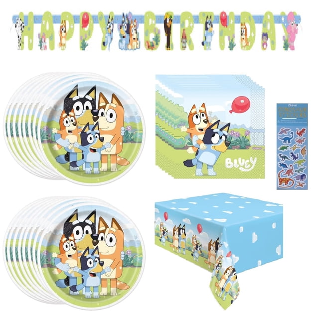 Paquete de artículos de fiesta Unique Bluey Birthday para 16