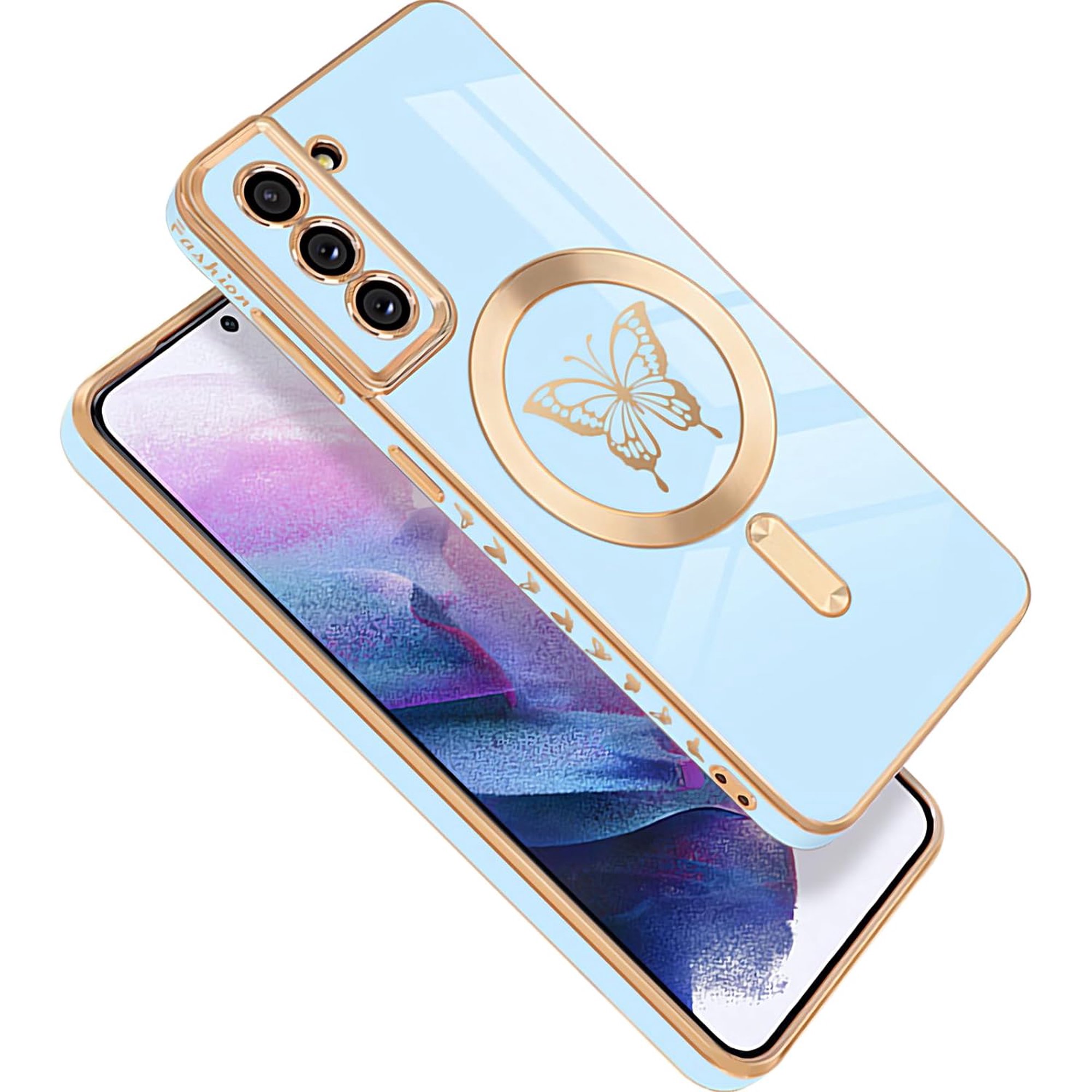 for Samsung Galaxy S21 5G Phone Case Luxury Plating Cute Butterfly Small Pattern Case Full Camera Protection Soft Silicone Shockproof Bumper Cover (Blue)