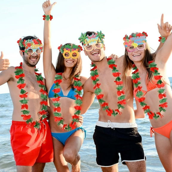 sunsanly Hawaiian Leis Set Red Green Luau Wreath Garland Hawaii Leis Flower Headpiece Necklace Bracelet Set for Summer Beach Luau Party