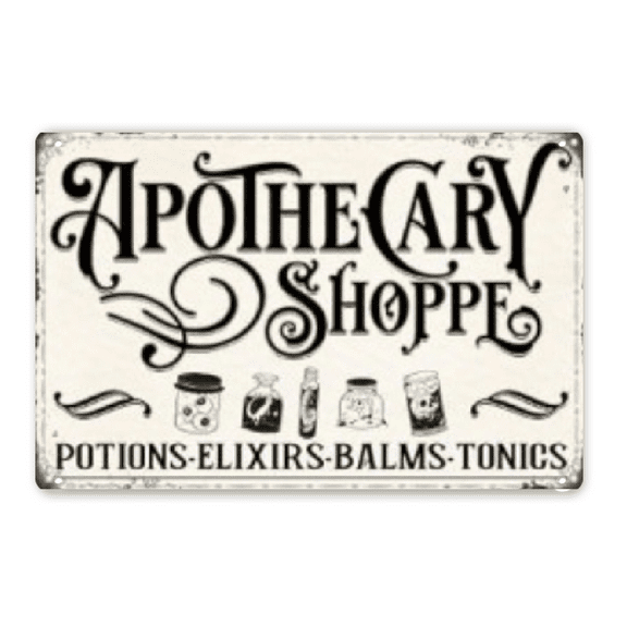 Ullo0ord 8x12 inches Metal Apothecary Shop Label Vintage Halloween Signage, Gothic Witch Decorative Logo for Home Kitchen, Black Vintage Poster Gifts