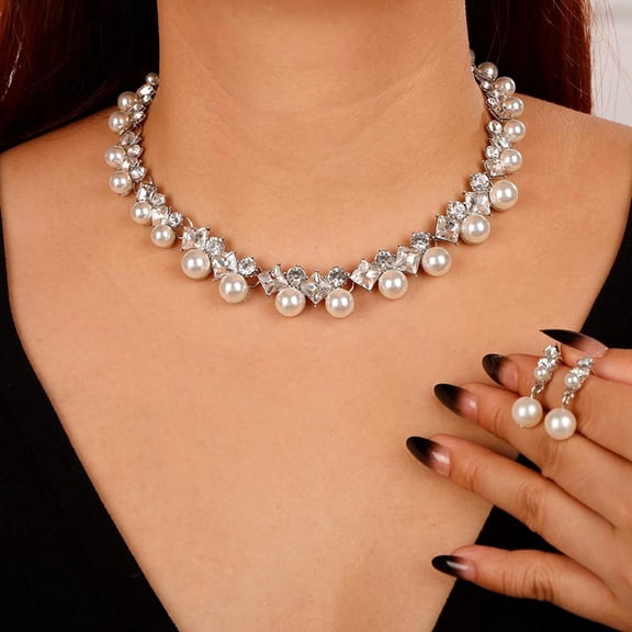 Bride Silver Necklace Earrings Set Pearl Bridal Wedding Set Rhinestone Choker Necklace for Women Prom