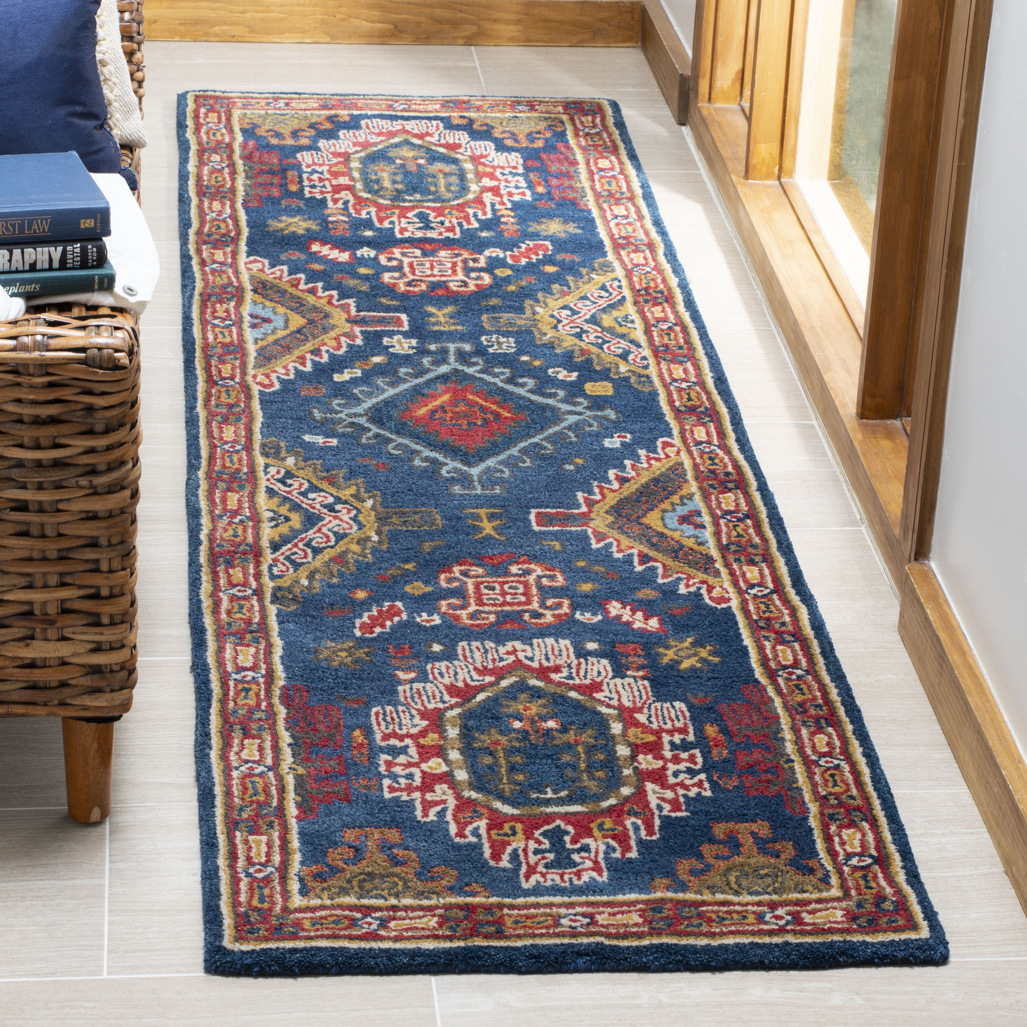 SAFAVIEH Heritage Yasim Geometric Wool Runner Rug, Navy/Red, 2'3" x 12'