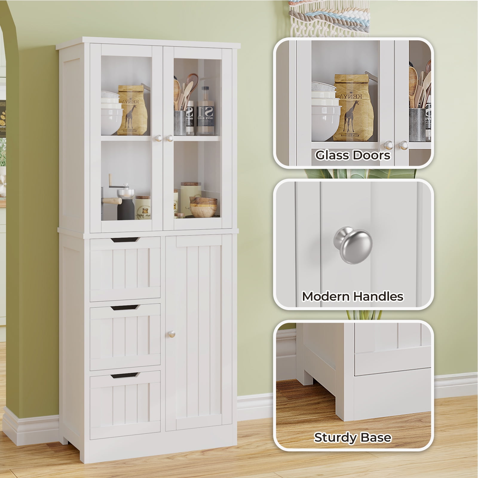 Ktaxon Kitchen Pantry Cabinet Wooden w/ 4 Drawers & 3 Doors Glass Doors, MDF Freestanding for Entryway Bathroom Living Room, White