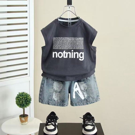 Boys 2 Piece Summer Outfit, Letter Print Sleeveless Tank Top & Distressed Denim Shorts Set, Casual Streetwear Clothes for Little & Big Boys