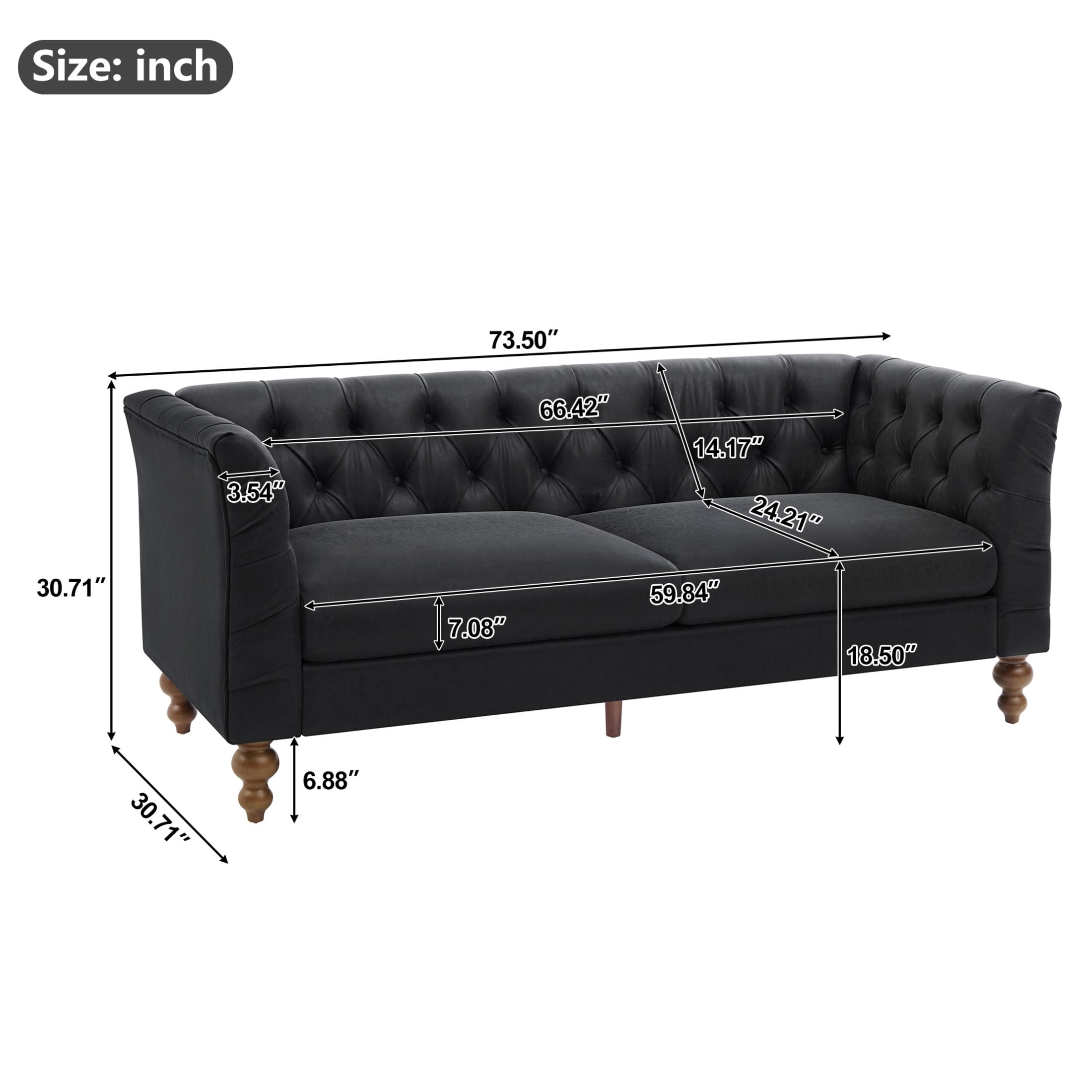 Christopher Knight Home 73.5" Chesterfield Sofa, Tufted PU Leather Couch with Flared Arms, Black