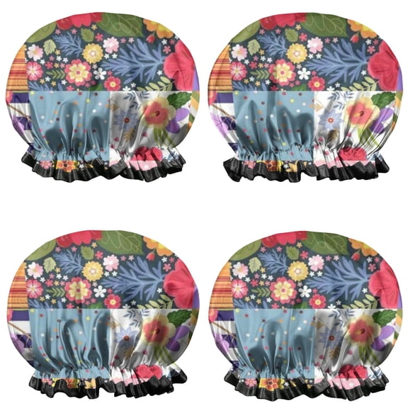 Shower Caps,Pioneer Flower Floral Print Pattern Waterproof Shower Cap for Women 4 Pieces,Double Reusable Hair Cover for Shower PEVA Elastic Stretch Hem