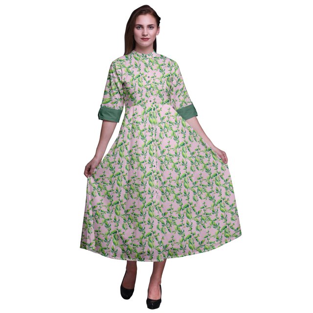 Bimba Robe Chemise Mi-Mollet à Manches Retroussables Imprimé Feuilles pour Femmes - Moyen
