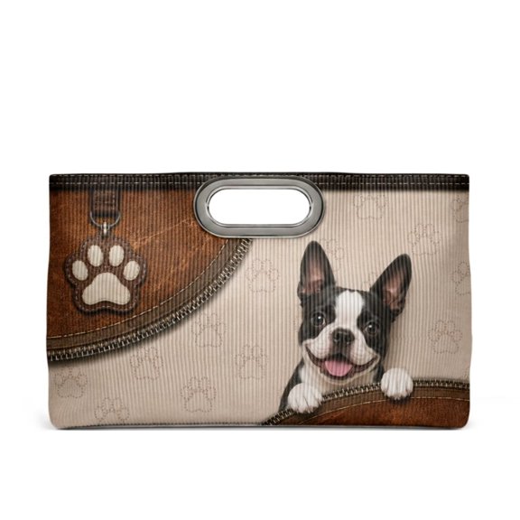 FOR U DESIGNS Brown Beige French Bulldog Paws Print Clutch Purses for Women Leather Evening Purse with Detachable Chain Fashion Top Handle Handbags for Wedding, Cocktail, Prom