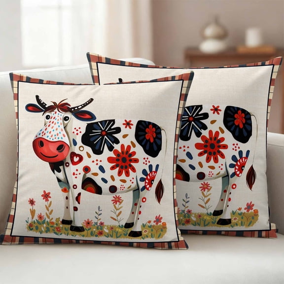 Pack of 2 Outdoor Pillow Covers,Waterproof Fall Funny Cow Throw Pillow Covers,Farm Animal Flower Leaves Lattice Decorative Pillowcases Cushion Covers for Patio Couch Pillow Sham Protector 20x20 Inch