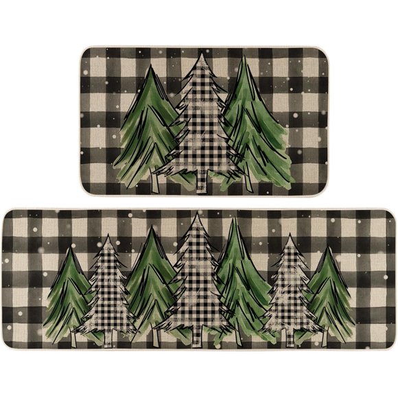 Merry Christmas Trees Kitchen Rugs Set of 2, Xmas Winter Welcome Buffalo Plaid Door Mat Anti-Slip Rubber for Home Kitchen - 17x29 and 17x47 Inch