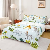 Castle Fairy Cartoon Zebra Giraffe Elephant Full Size Sheets,Tree Leaves Bed Sheets