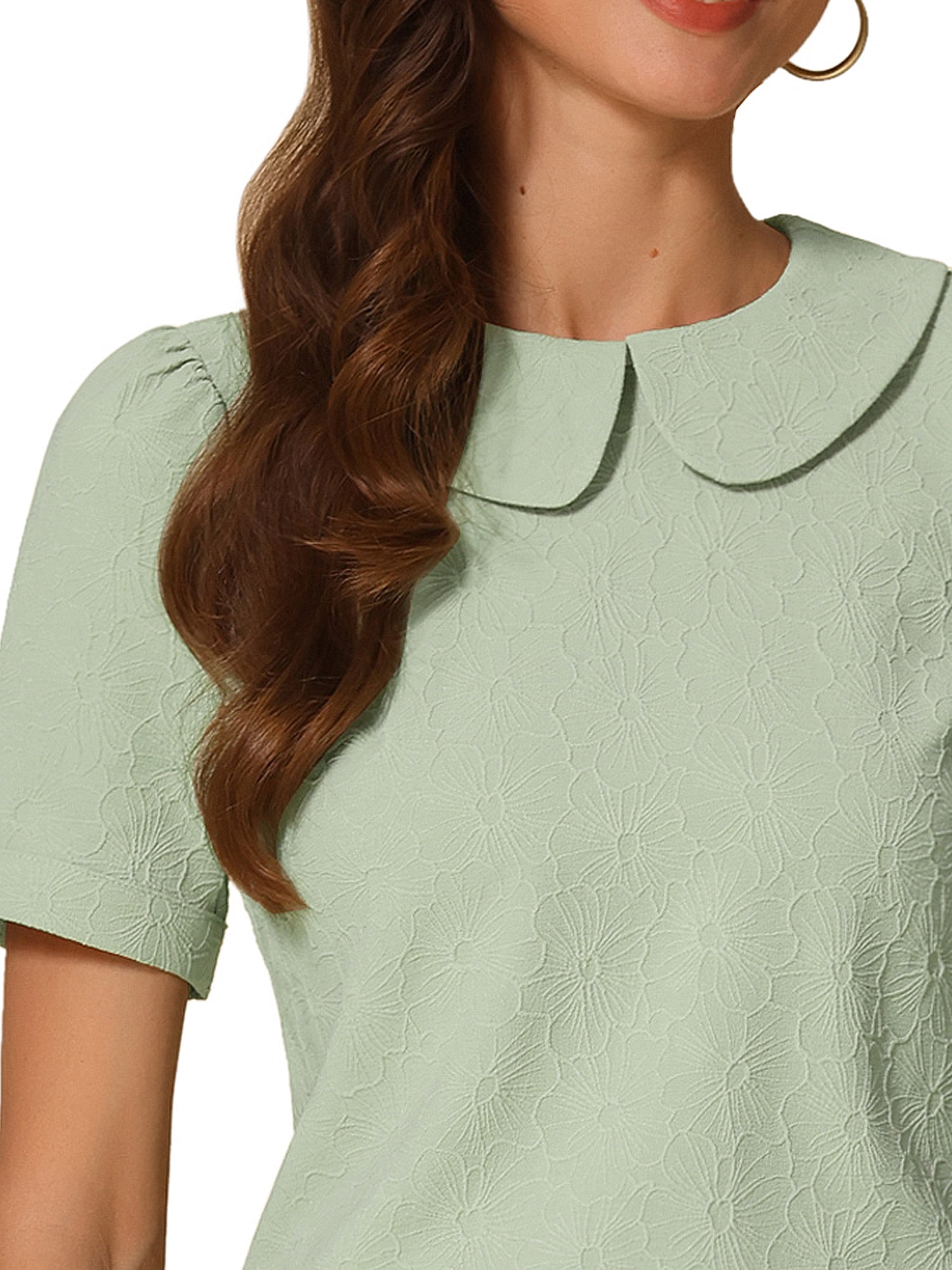 DARING DIVA Floral Puff Kawaii Peter Pan Collar Blouse M Light Green