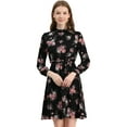 thumbnail image 1 of Vestido Floral De Una Línea De Manga Larga Con Columpio Hasta La Rodilla Y Cuello Simulado Para Mujer Negros S, 1 of 6