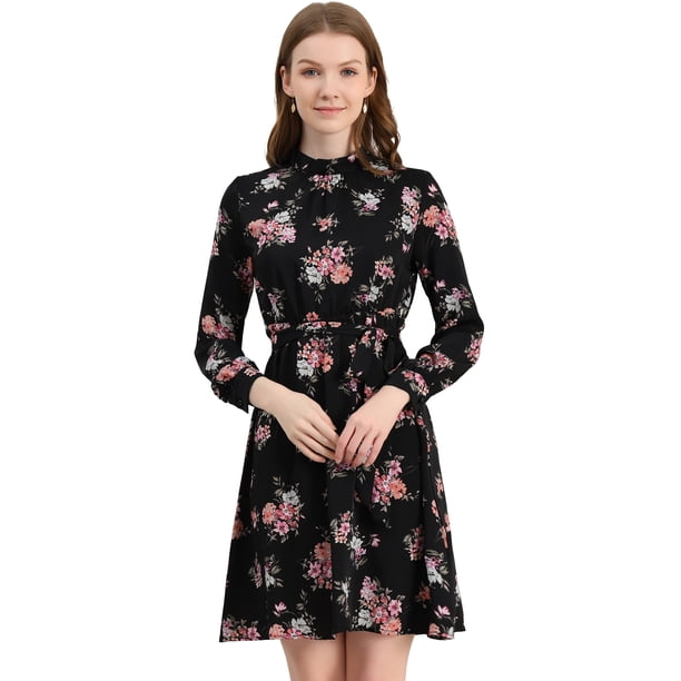 Vestido Floral De Una Línea De Manga Larga Con Columpio Hasta La Rodilla Y Cuello Simulado Para Mujer Negros S