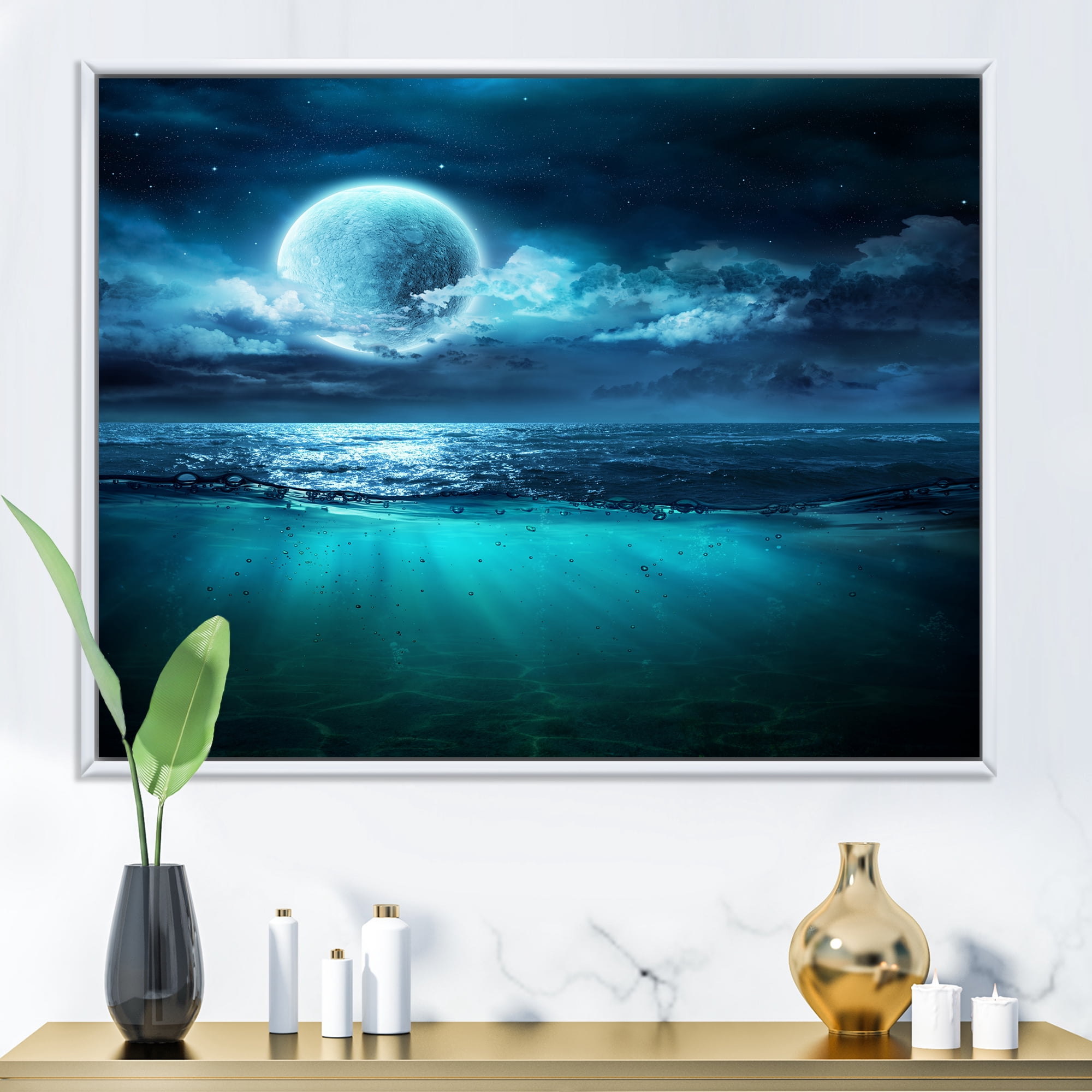 Designart 'Romantic Moon and Clouds Over Deep Blue Sea II' Nautical & Coastal Framed Canvas Wall Art Print