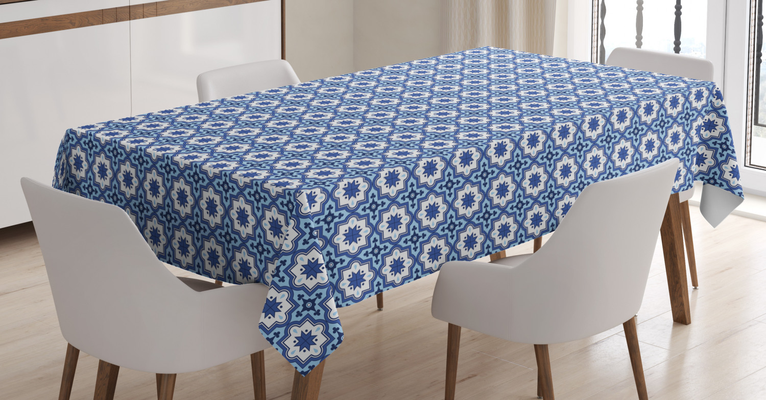Navy Blue Tablecloth, Moroccan Traditional Tile Motifs with Floral Elements in Blue, Rectangular