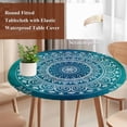 thumbnail image 4 of Teal Blue Boho Round Tablecloth, Fitted Table Cover with Elastic for 55"-60" Round Tables, Retro White Rustic Flower Ethnic Pattern Table Cloth Outdoor Indoor Dinning Party Waterproof Tablecloths, 4 of 7