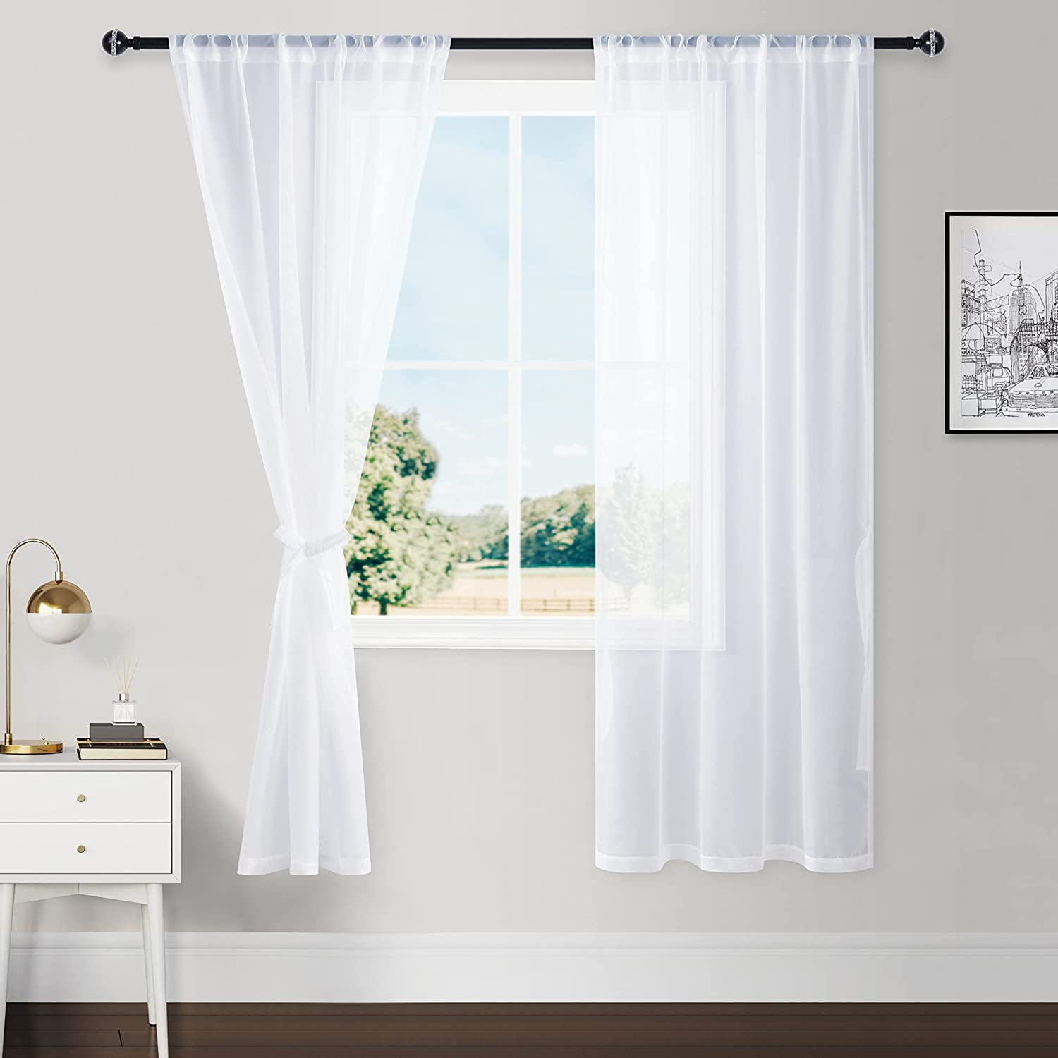shiyou-White Sheer Curtains 2 Panels for Basement, Voile Sheer