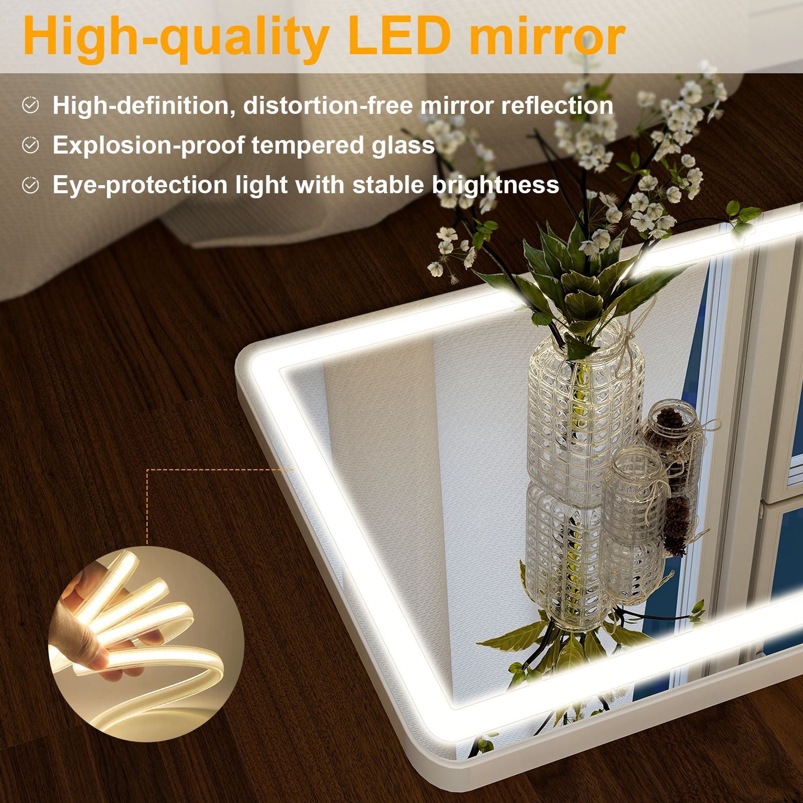 Easy4Home 63" x 20" LED Rectangular Full Length Mirror with Adjustable Lights Standing Mirror Wall Mounted, White