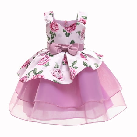 

KIMI BEAR Toddler Baby Girls Dresses 3T Girls Little Princess Style Clothes 4T Girls Rose Print Mesh Stitching Dress White