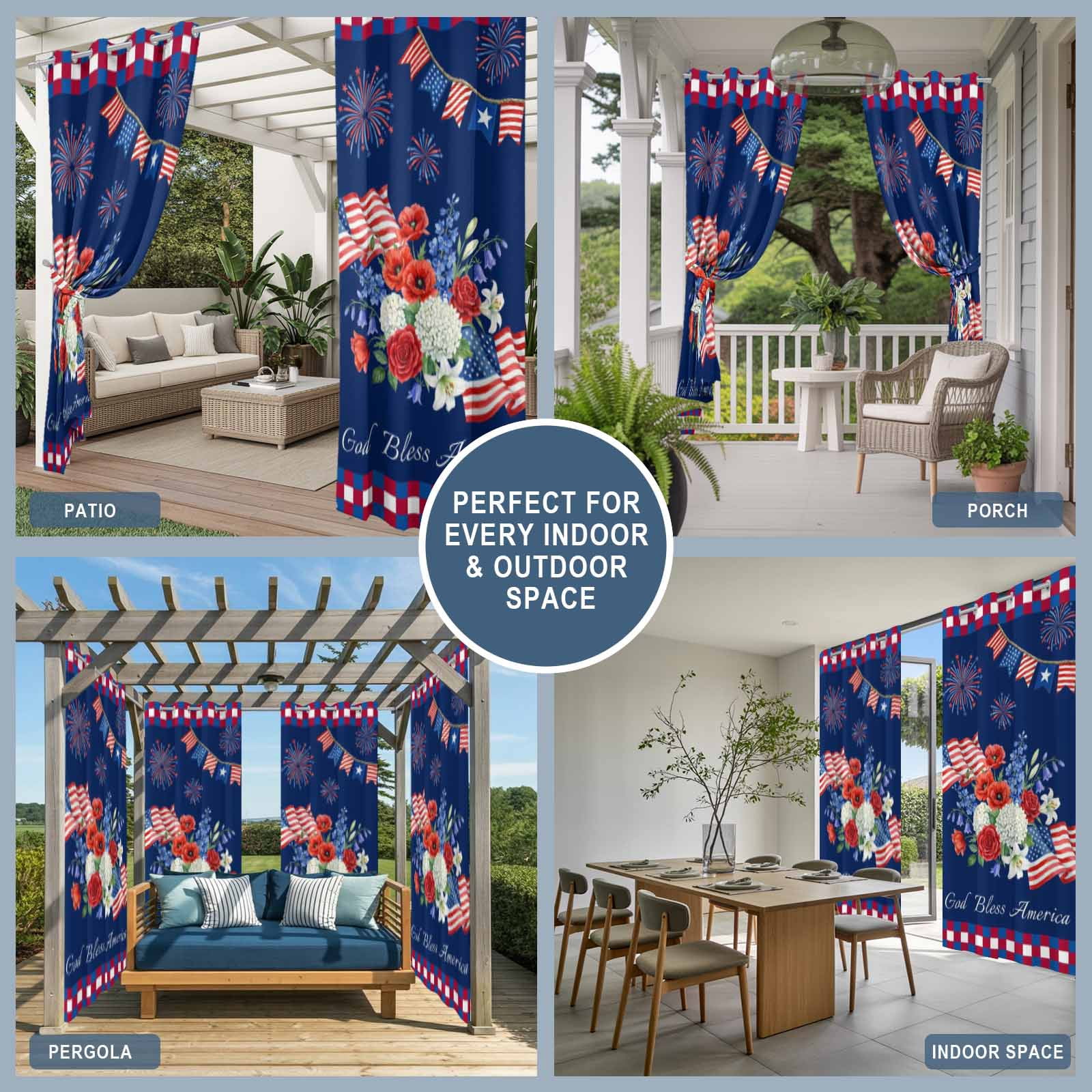 Independence Day Outdoor Curtains for Patio, Red Blue USA Flag Floral Fireworks Dark Blue Sunshade Privacy Drapes Grommet Waterproof Outside Curtains for Porch/Cabana/Balcony 54"x 108", 1 Panel