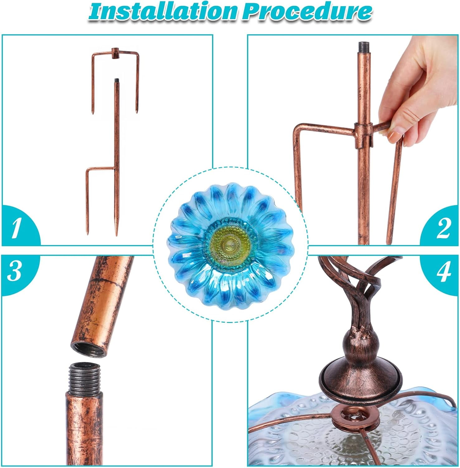 Bird Baths - Outdoors Sunflower Glass Birdbaths Outdoor Garden Birdfeeder with Metal Stake Bowl with Stake for Garden Yard Decor Blue