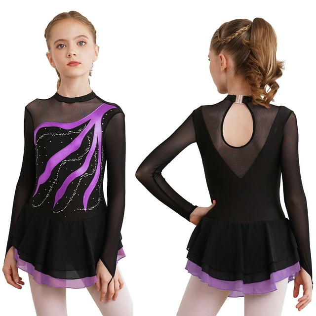 TiaoBug Girls Stylish Mesh Splice Rhinestone Figure Ice Skating Dress Long Sleeves Ballet Dance Tutu Dress Purple 6