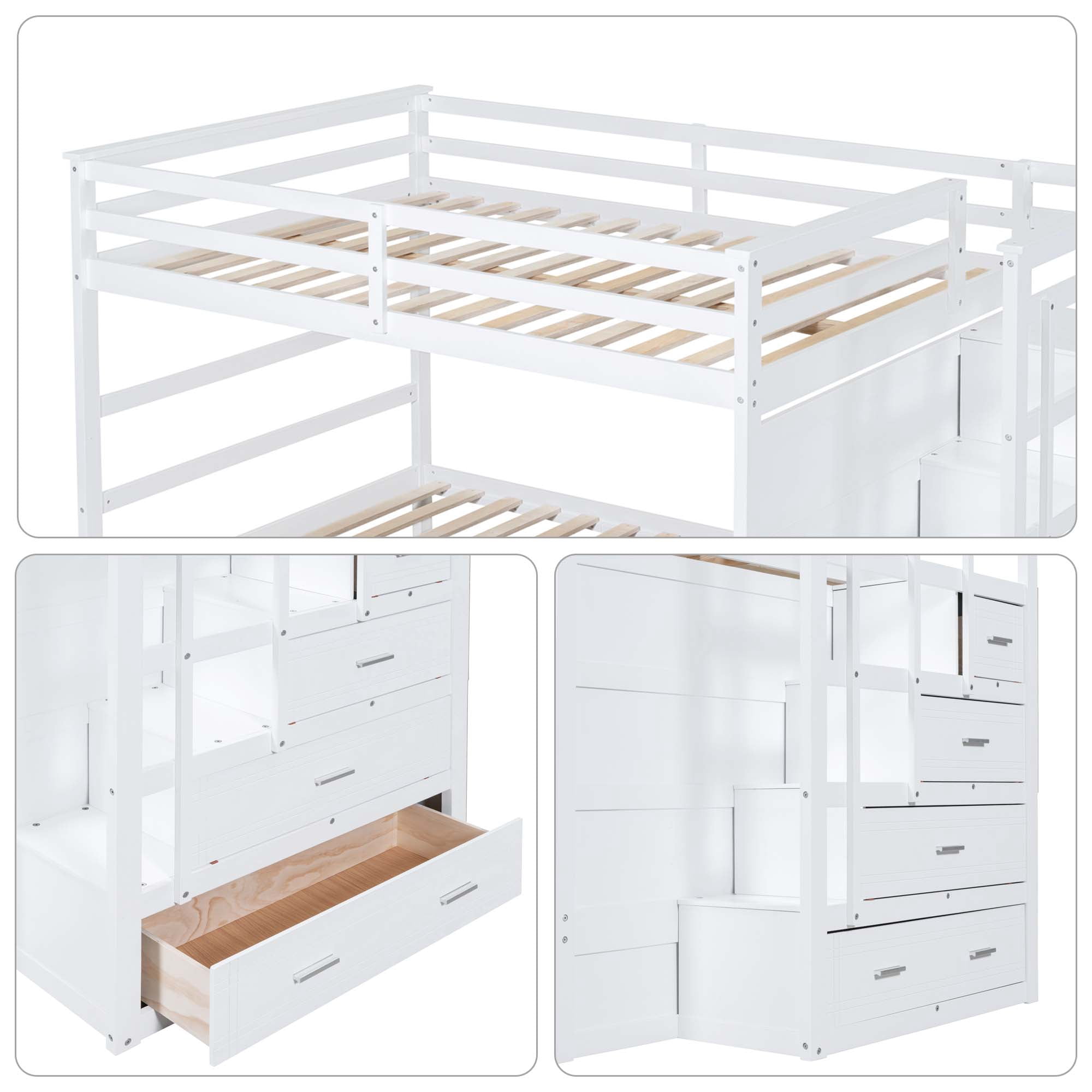 Aukfa Full over Full Bunk Bed with Trundle and Staircase, Wood Bunk Bed with 4 Storage Drawers for Kids, Teens - White