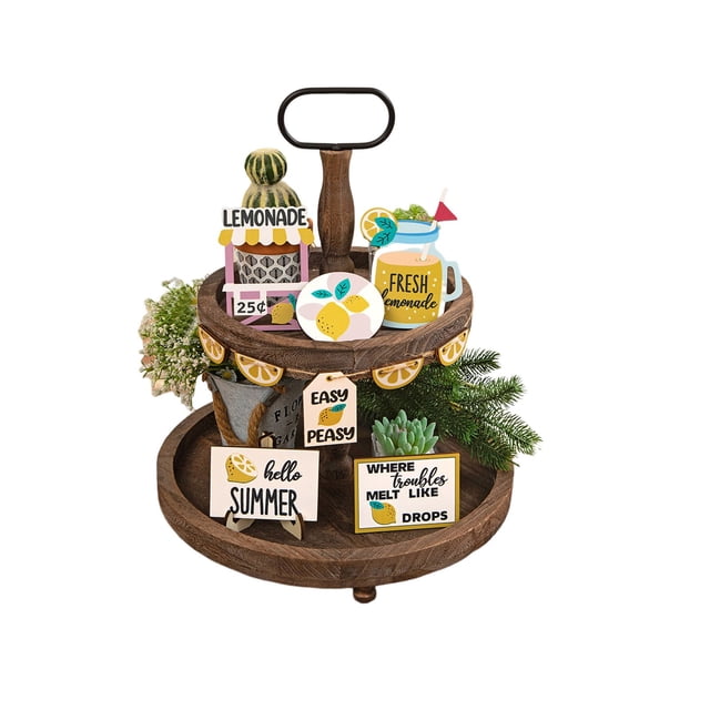 TIELUTT Summer Fruit Style Mini Country Farm Layered Tray Metal Coffee Bar Sign Wooden Two Tier Tray Coffee Kitchen Decorations Theme Holiday Tier Serving Tray Decorations for the Kitchen Table
