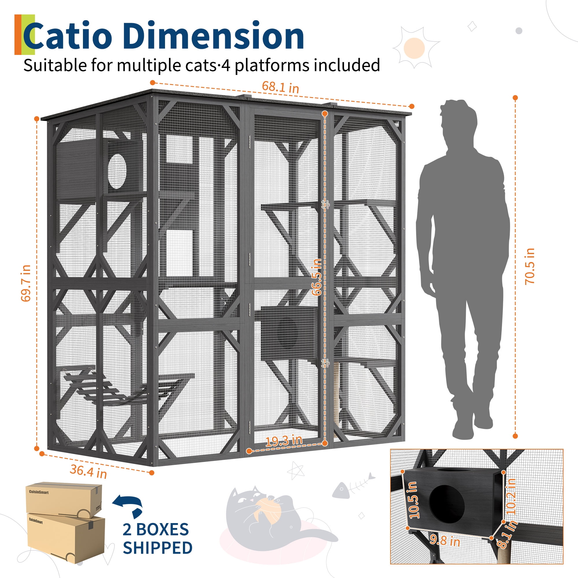 Kicctian Spacious Outdoor Wooden Cat Enclosure Catio - Large Walk-In Cat Cage with Waterproof Roof, 4 Platforms, 2 Rest Boxes, Scratching Post, Hammock, Sliding Doors, Window Access -Grey