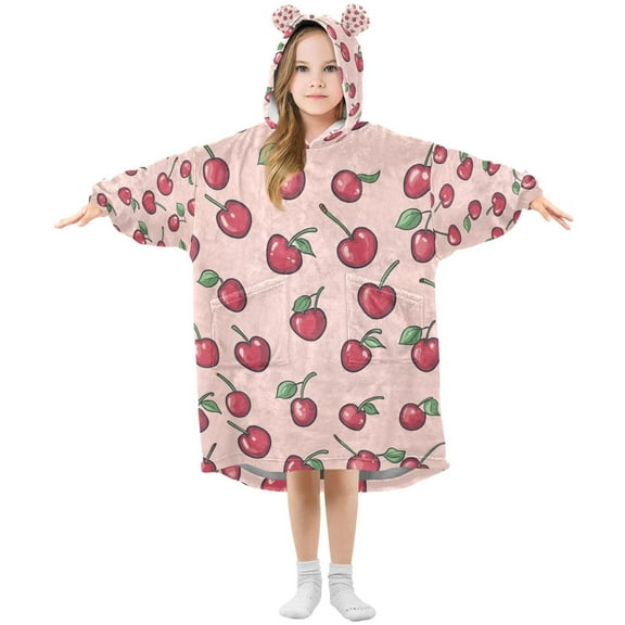 FORMRS Wearable Blanket Hoodie with Sleeves for Kids Cozy Flannel Sweatshirt, Cherries Pattern