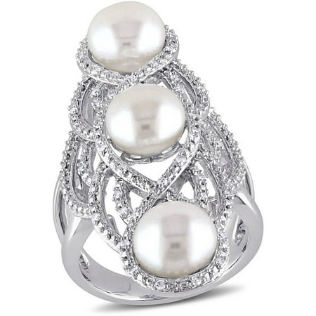 Miabella 8-8.5mm White Cultured Freshwater Pearl and 1/5 Carat T.W Diamond Sterling Silver Gladiator Ring