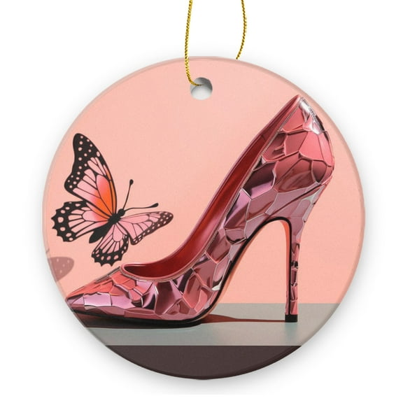 Pink High-Heeled Shoe Made of Crystal With Butterfly Print - Christmas Ornament Xmas Keepsake Ceramic Ornaments Holiday Decorations for Tree Christmas Gift Ideas 2.95in