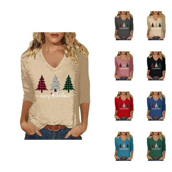 Women's Christmas 3/4 Sleeve Shirt 2025 Festive V Neck Merry Christmas Graphic Tshirt Shirt