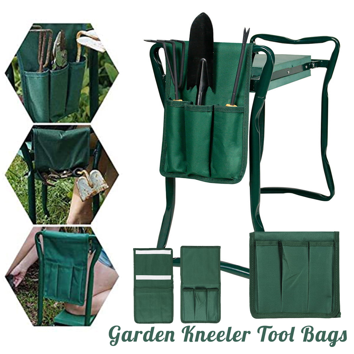 Green FakeFace Oxford Garden Kneeler Tools Bag Portable Garden Stool Storage Bag Pouch Gardening Kneeling Chair Bag Outdoor Folding Storage Bag with Handle for Garden Patio Garage