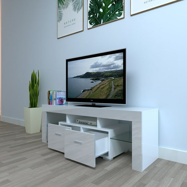 Modern White TV Stand on Clearance with LED Lights, High Gloss LED