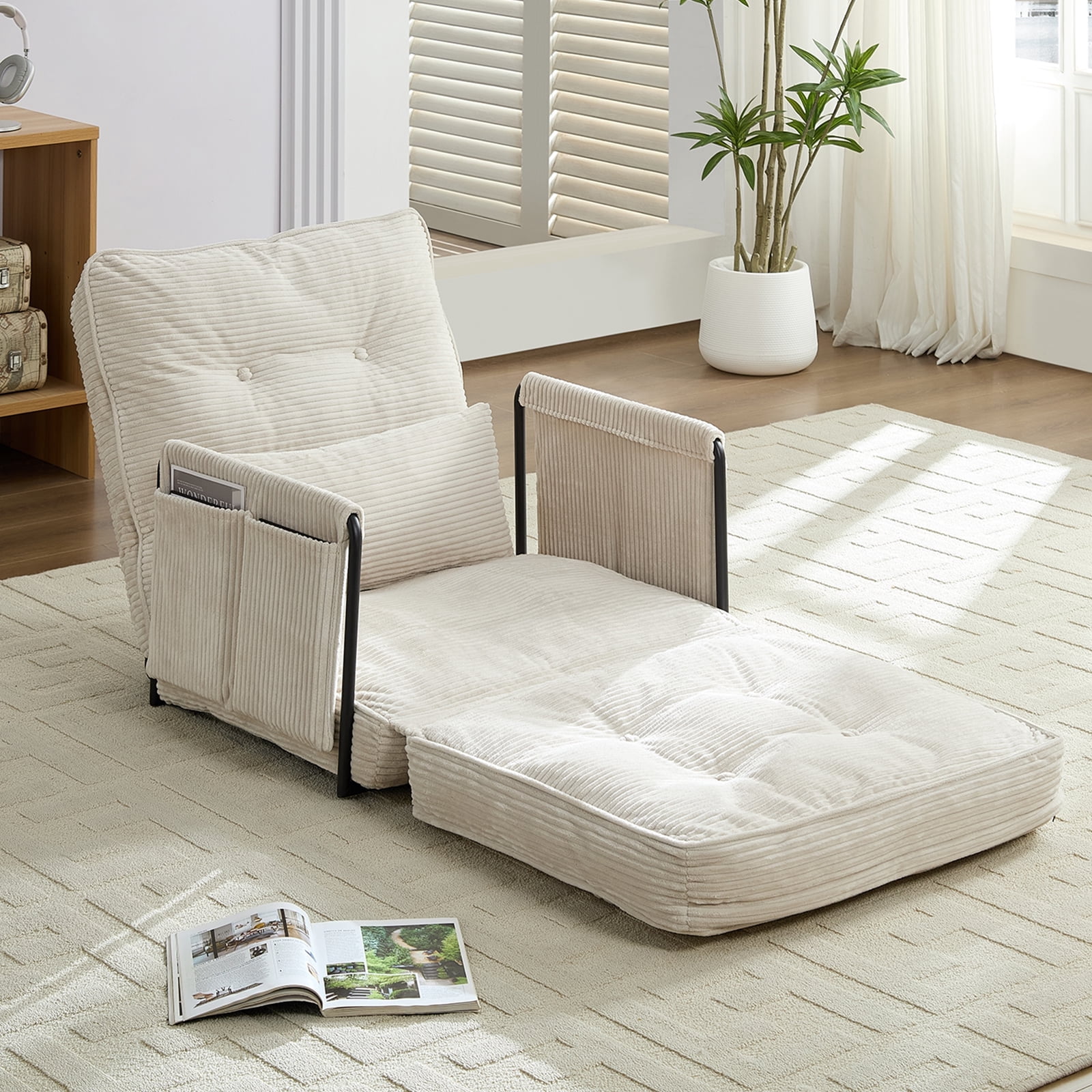 BALUS Futon Folding Sofa Bed, 4-in-1 Floor Couch with Foldable Mattress, Convertible sofa beds for Living Room, Corduroy, Beige