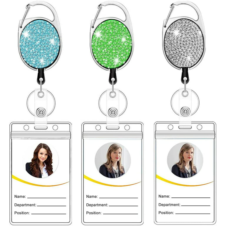 3 Pack Retractable Badge Holders Set,Handmade Bling Rhinestones ID Badge  Reels with Belt Clip-On Holder and Key Ring,and Value Added 3 Clear ID Card  Holders for Work Teacher Nurse Student 