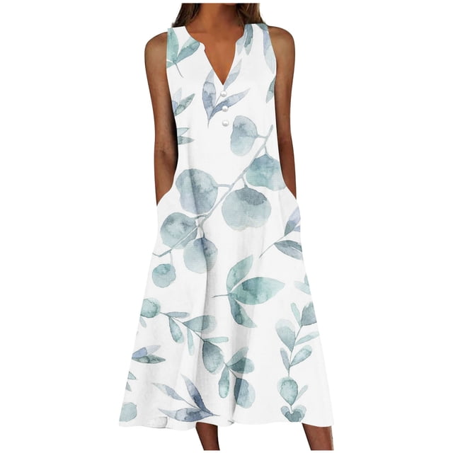 QIPOPIQ Robe d'Été pour Femme 2024 Décontractée à Boutons Col en V Sans Manches Mode Bohème Florale Robe de Plage Robe d'Été Robe Trapèze