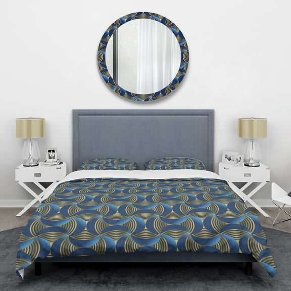 Designart 'Geometric abstract waves in gold and marine blue' Mid-Century Modern Duvet Cover Set