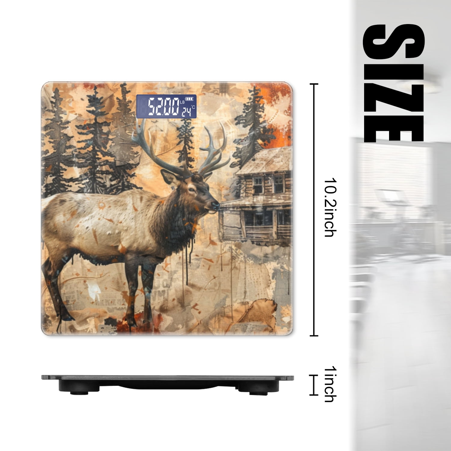 Digital Bathroom Scale with Large LCD Display,High Capacity Scale 400 lbs High Precision body fat scale-Old Log Cabin Pine Trees With Deer And Warm Colors