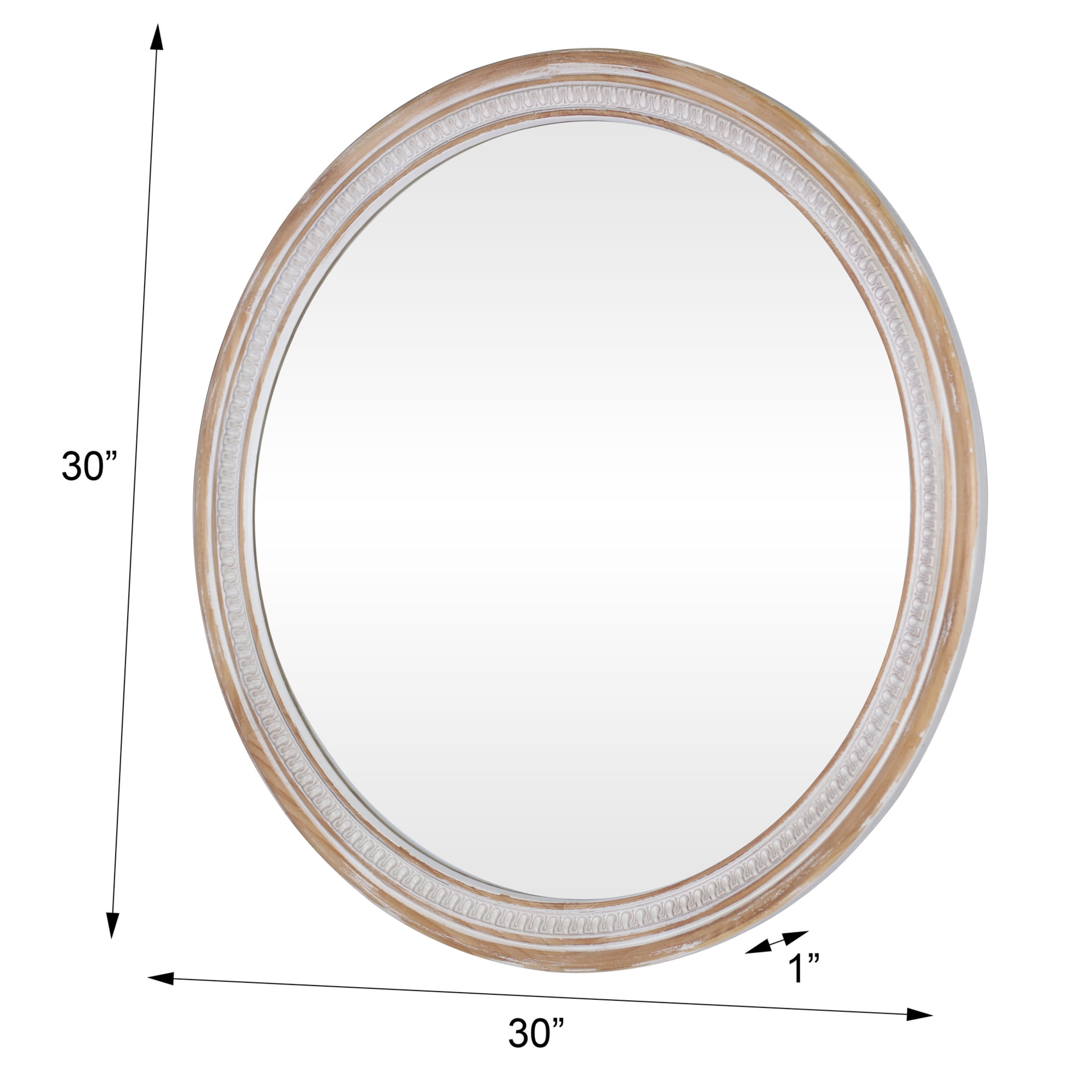 Noble House 30" Round Solid Wood Farmhouse Wall Mirror, Rustic Boho Decorative Mirror for Bathroom, Antique White
