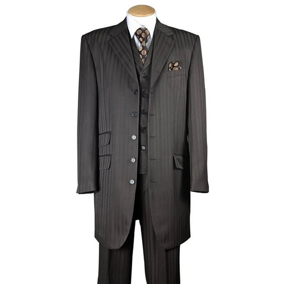 Men's 3 Piece Poly Striped Suit 5 Button 37" Length Jacket w/ Vest
