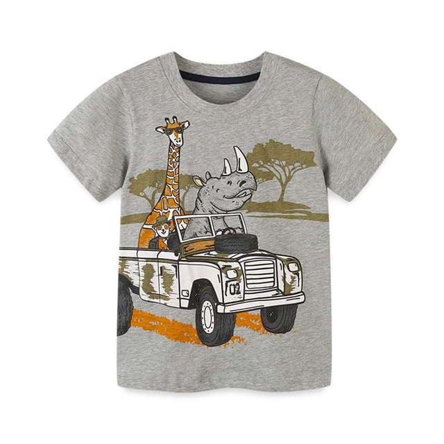 Gibobby blusas de vestir Niños formal Camiseta de verano para niños con estampado de animales de dibujos animados, camiseta de manga corta con cuello redondo, informal para sa(Gris, 4-5 Años)