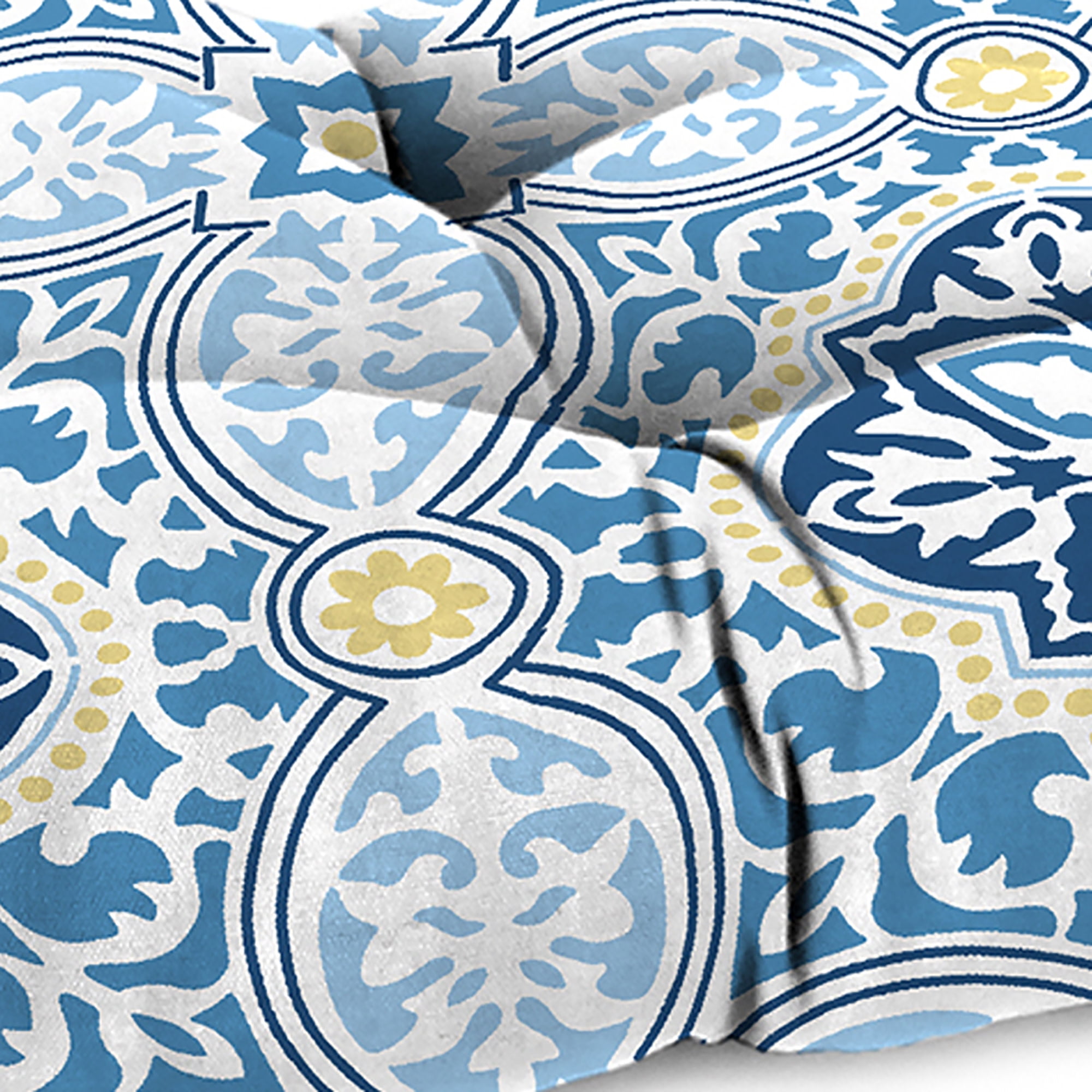 Jordan Manufacturing 44" x 18" Rave Sky Blue Quatrefoil Rectangular Tufted Contoured Outdoor Wicker Settee Bench Cushion