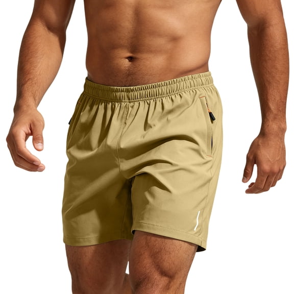 Domzle Men's Athletic Shorts Quick Dry Lightweight Linerless Gym Workout Hiking Shorts with Zipper Pockets Khaki 2XL