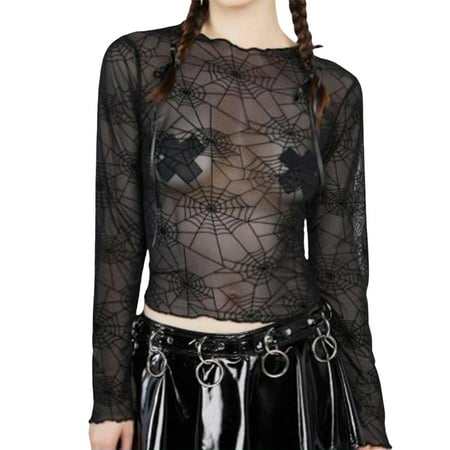 

Ma&Baby Halloween Womens Sexy Sheer Mesh Tops Long Sleeve Cobweb Print Tight T-Shirts Jumper