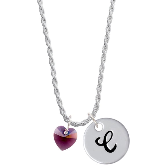 Delight Jewelry Purple Crystal Heart Silvertone Script Initial Disc - C - Charm Necklace, 20" 3"